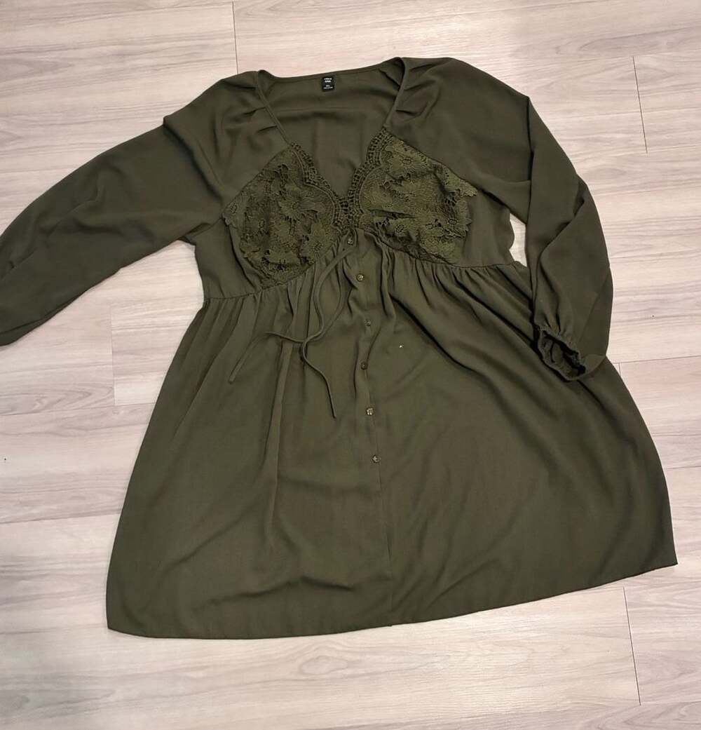 Women’s Plus Curve Olive Green Lace Trim Long Sleeve Dress Size 2XL